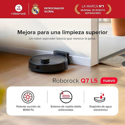 roborock Q7 L5 Robot Aspiradora y Trapeador (Negro Medianochel) | 8,000 Pa, Doble sistema antienredos, LiDAR, Depósitos de polvo y agua de gran capacidad, Hasta 210 m², Control por App