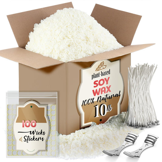 Etienne Alair Cera de Soja Para Velas 10 lbs | Cera de soja natural, copos de cera, incluye 100 mechas de algodón, 100 calcomanías de mecha, 2 dispositivos de centrado