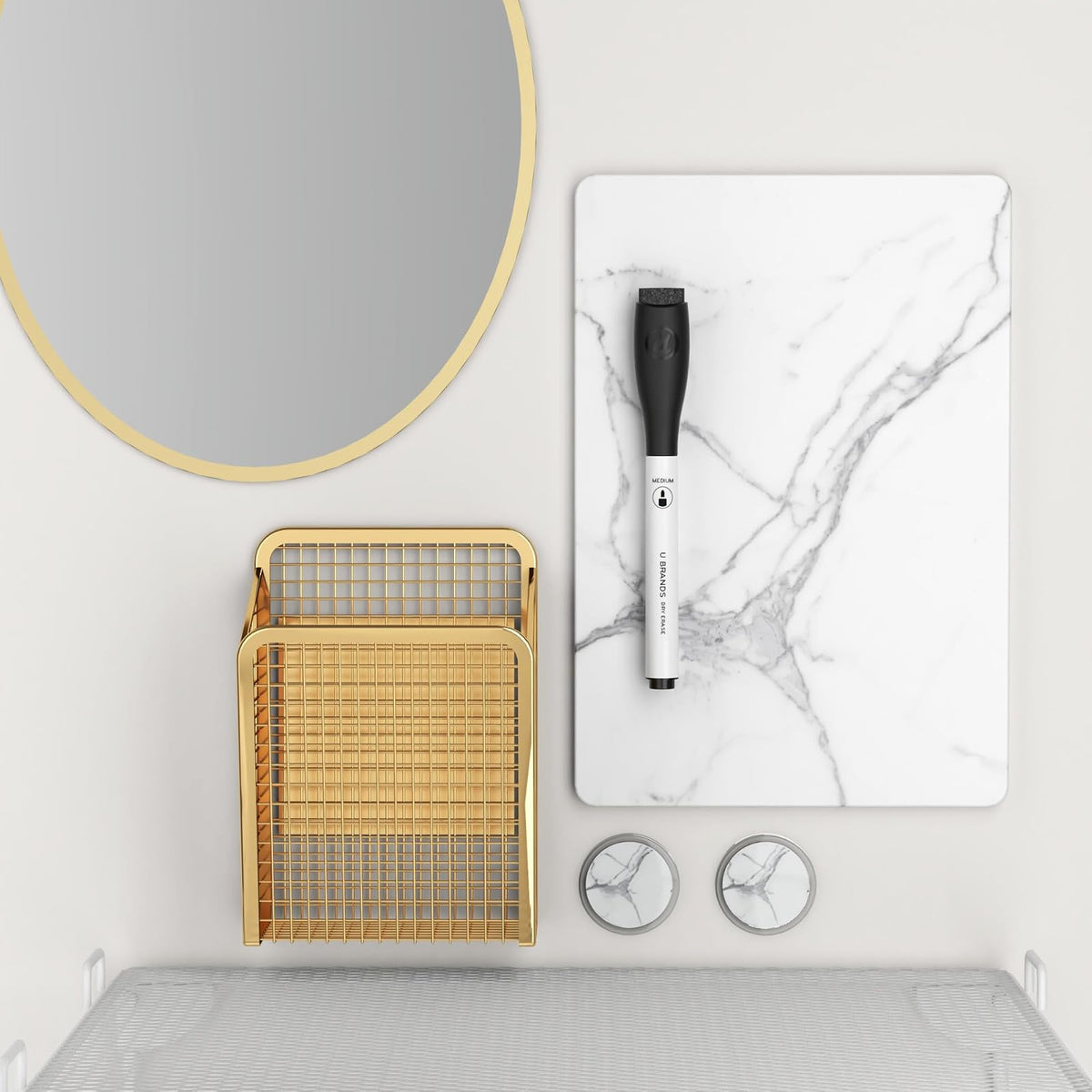 U Brands 4146U01-06 - Organizador y kit de decoración, artículos esenciales para el regreso a la escuela, dorado, 11 piezas, incluye accesorios de impresión de mármol, espejo, estante y más