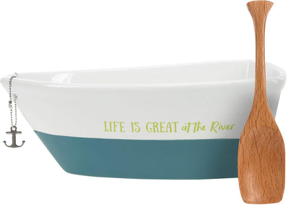 Life Is Great At The River - tazón para servir en forma de barco con cuchara de bambú y llavero de ancla extraíble