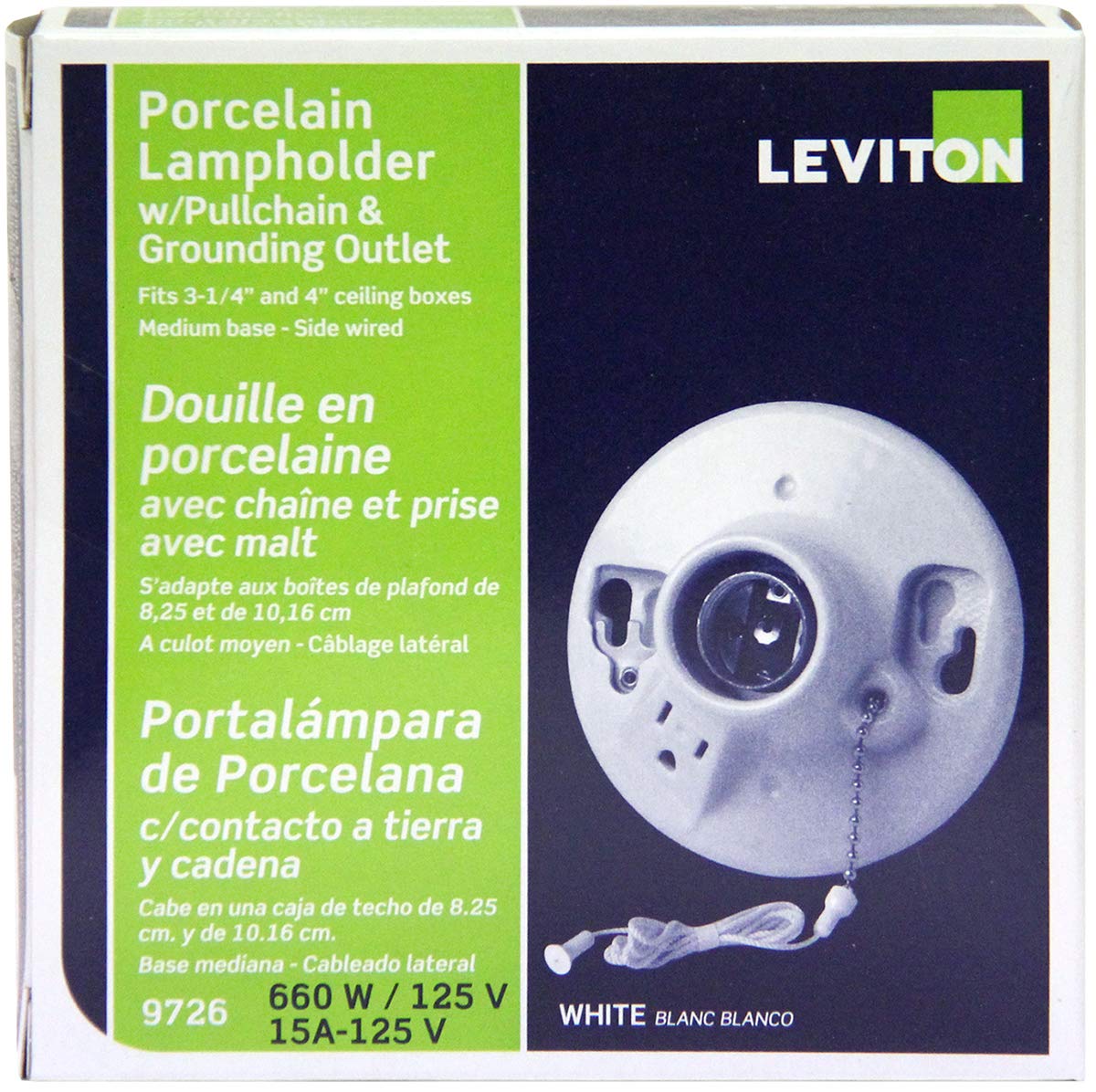 Leviton 09726-00C Portalámpara de Porcelana para Foco Incandescente, con Cadena, color Blanco