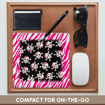 3dRose 8 x 8 x 0.25 Inches Mouse Pad, Cute Black Skulls with Bows on Pink Zebra (mp_61793_1)