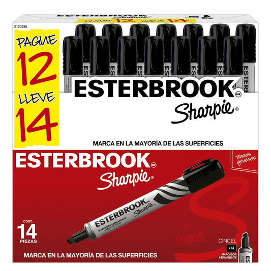 Sharpie Esterbrook Marcadores Permanentes, Punta Cincel, Negro, 14 Piezas