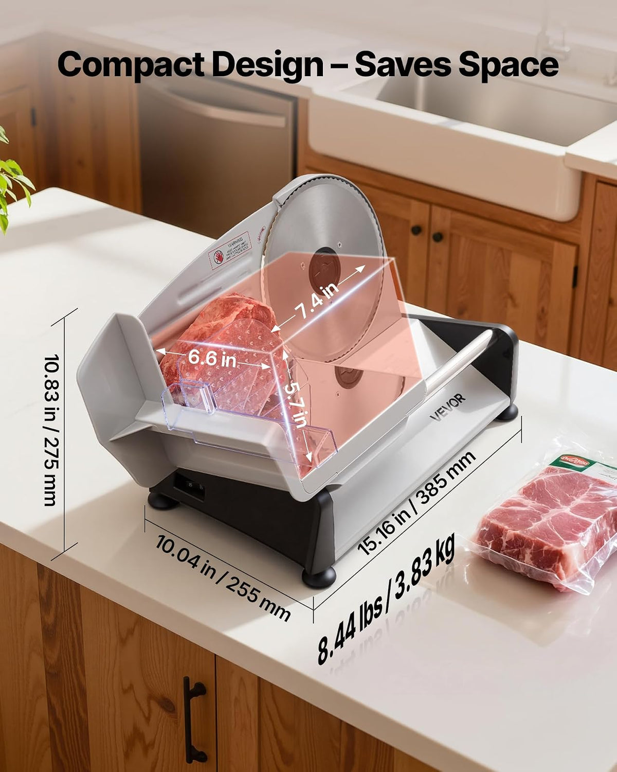 VEVOR Rebanadora de carne, cortadora eléctrica de fiambres de 7.5 pulgadas y 200 W con cuchilla SUS420, grosor ajustable de 0 a 0.6 pulgadas, con certificación ETL para carne, jamón, baguett y filete.
