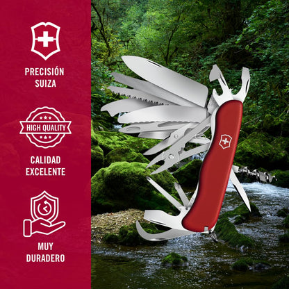 Victorinox Work Champ, Color Rojo, 111 mm, 31 Usos | Cuchillo de bolsillo grande con sierra para madera, sierra para metales, pinza y tijeras para acampar y bricolaje, 111 mm