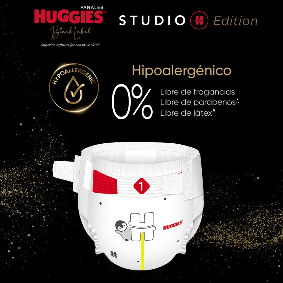 Huggies Black Label Studio H, 96 Pañales Premium Unisex Hipoalergénicos Etapa 2 (para bebés de 5 a 7.5 Kg)