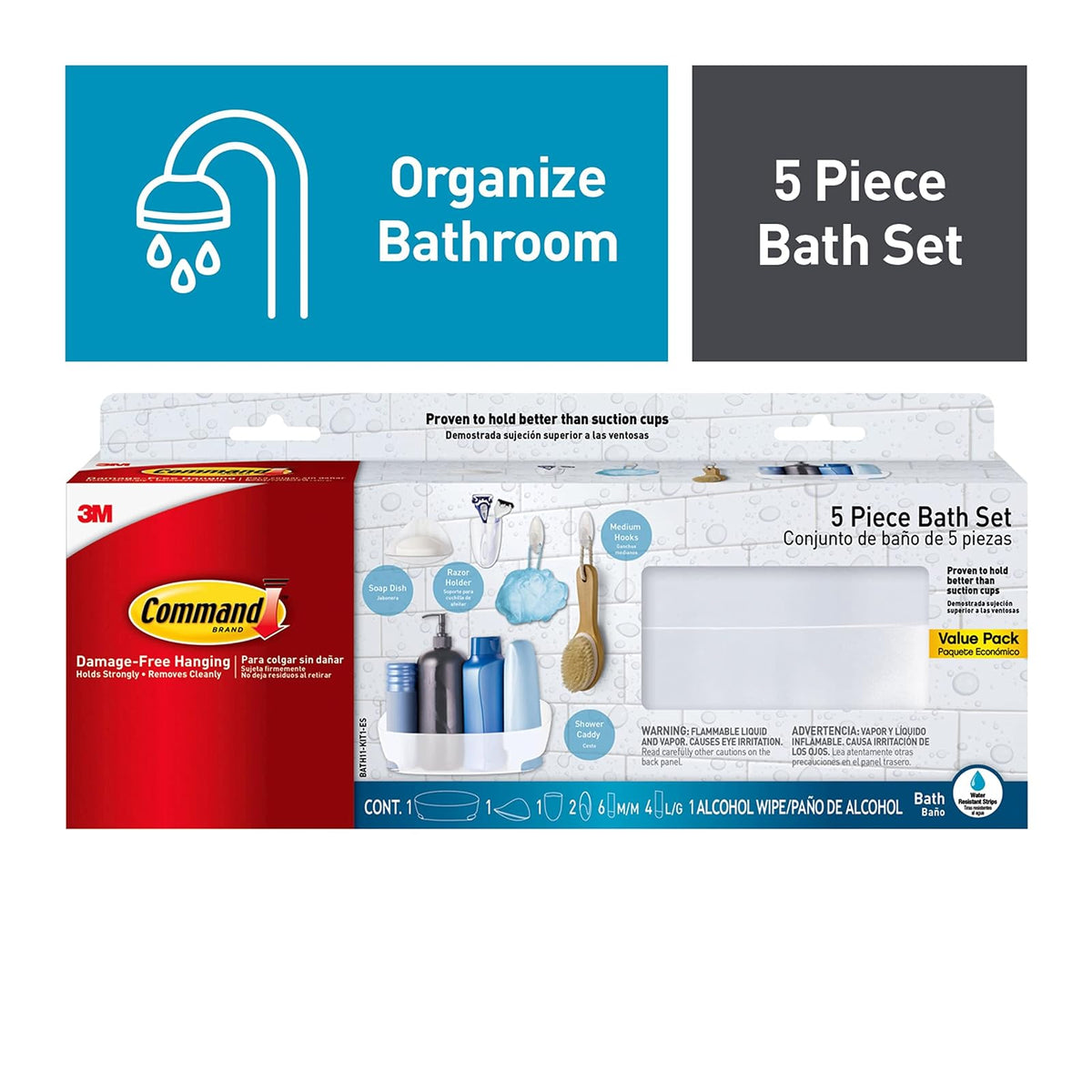 Command - Juego de 5 accesorios de baño, organizador de baño, 1 organizador de ducha, 1 jabonera, 1 soporte para cepillo para polvo de dientes, 2 ganchos con tiras de comando resistentes al agua