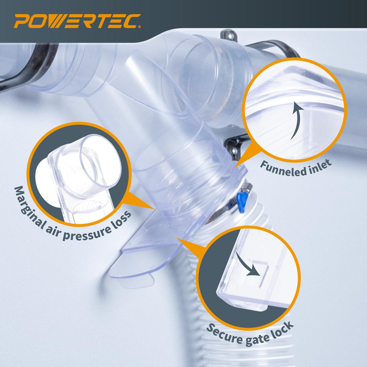 POWERTEC 70372 - Puerta de explosión de 2-1/2 pulgadas, resistente a obstrucciones y antihuecos, accesorio de plástico ABS cónico para colector de polvo, accesorios de recogida de polvo, manguera de