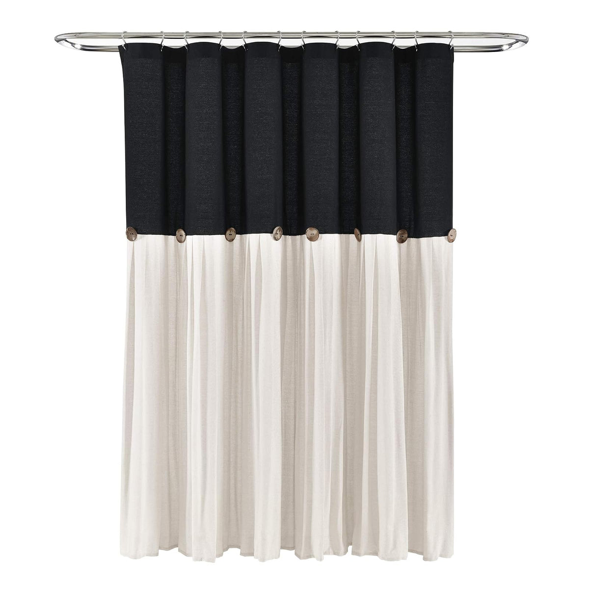 Lush Decor - Cortina de Ducha de Lino con Botones, 72 Pulgadas de Ancho x 72 Pulgadas de Largo, Negro y Blanco Roto – Tela de Cortina de Ducha Negra – Cortina de baño – Decoración de baño de Granja