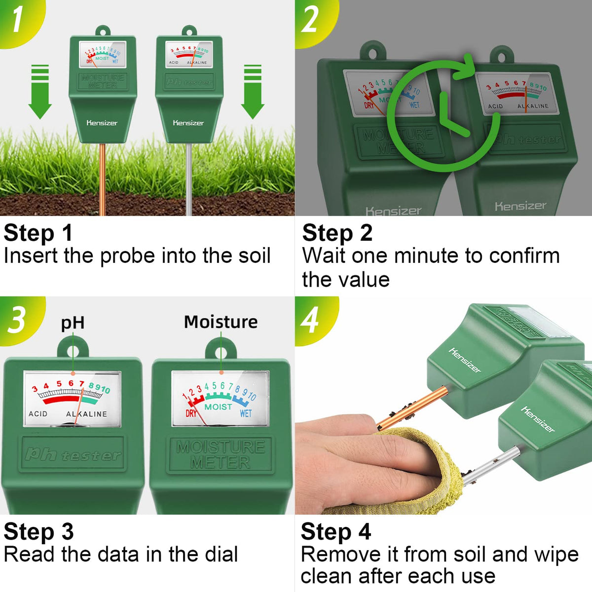 Kensizer Medidor de Humedad y pH del Piso sin Batería para Plantas y Césped