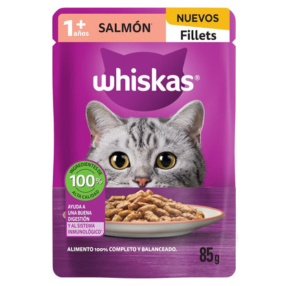 Whiskas Sobres para Gato, 24 Piezas de 85g, Varios Sabores - Salmón - Alimento Húmedo para Gato