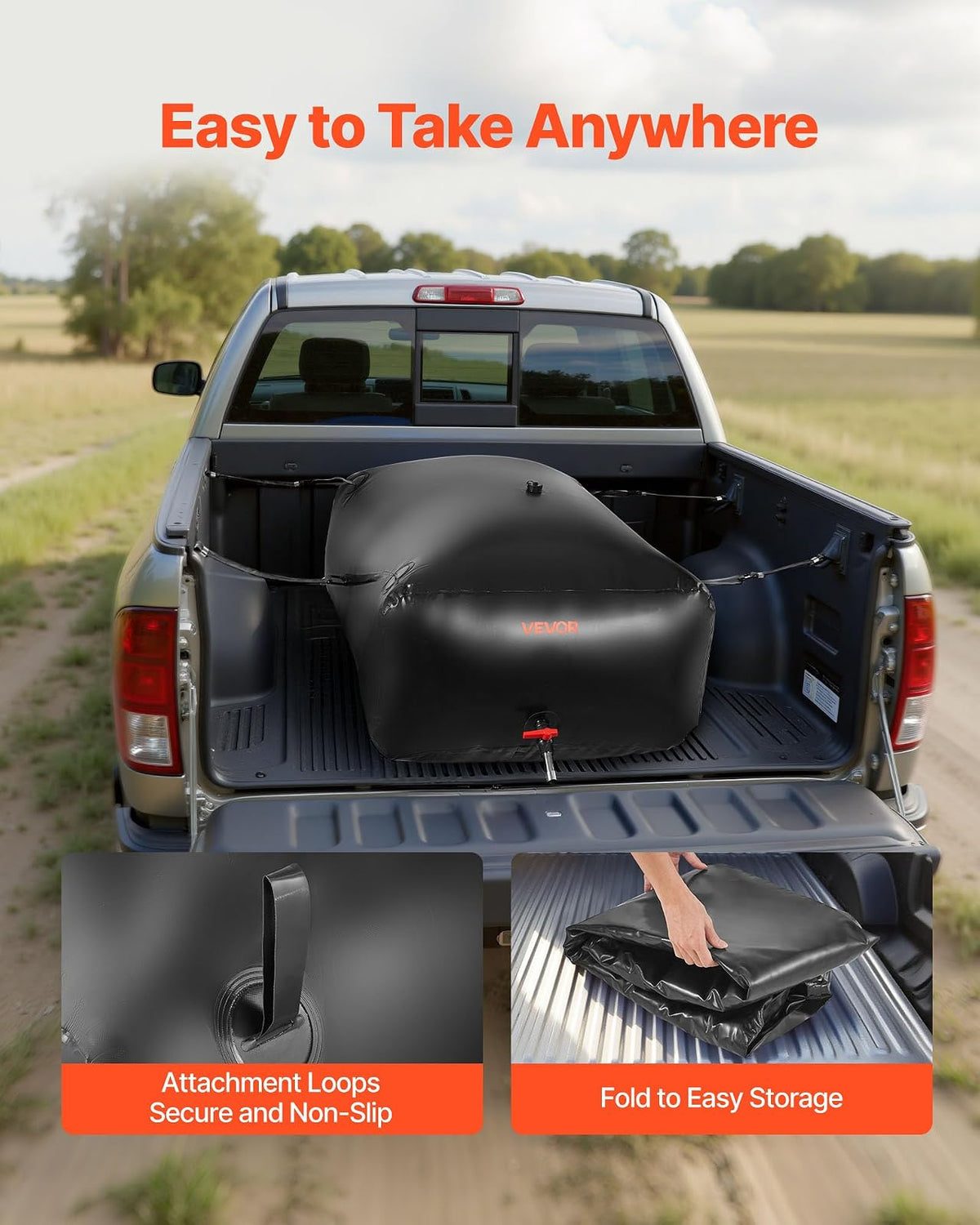 VEVOR ​Vejiga del Almacenamiento de Agua con Válvula 540 L, Bolsa de Agua de PVC Doble Capa 1000D, Portátil y Plegable, Resistente a Fugas, para Autocaravanas, Camiones, Uso en Exteriores, Negro