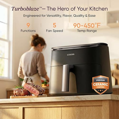 Cosori TurboBlaze 9 en 1 Freidora de aire de 6 cuartos de galón, revestimiento de cerámica premium, 90 ° a 450 ° F, calentamiento preciso para resultados uniformes, freír al aire, asar, hornear, asar