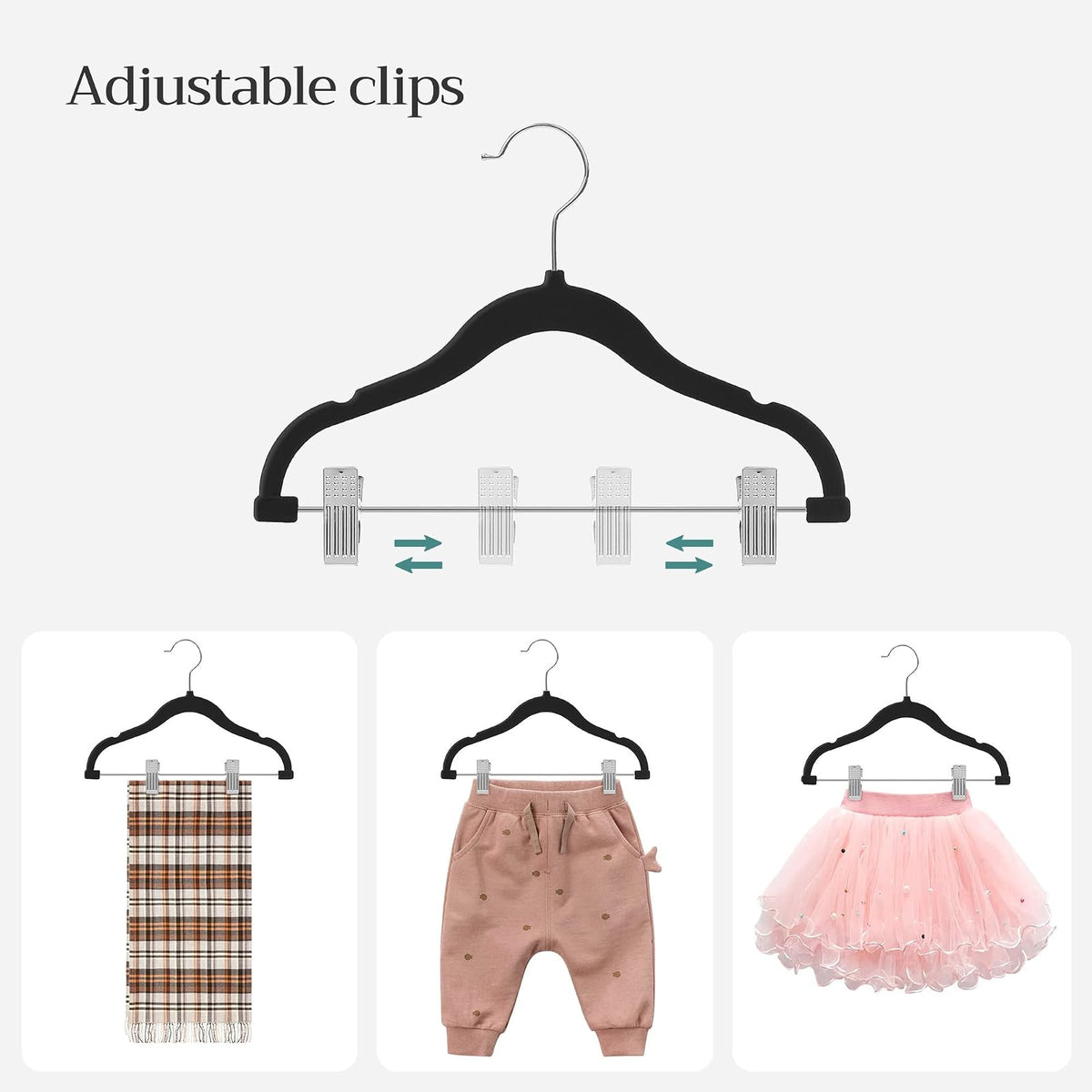 SONGMICS - Paquete de 30 Perchas para Pantalones de bebé con Clips, Perchas para niños con 6 divisores de Ropa, Colgador Antideslizante para niños, Color Negro UCRF013B30