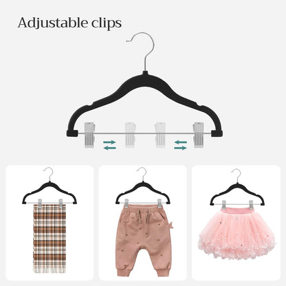 SONGMICS - Paquete de 30 Perchas para Pantalones de bebé con Clips, Perchas para niños con 6 divisores de Ropa, Colgador Antideslizante para niños, Color Negro UCRF013B30