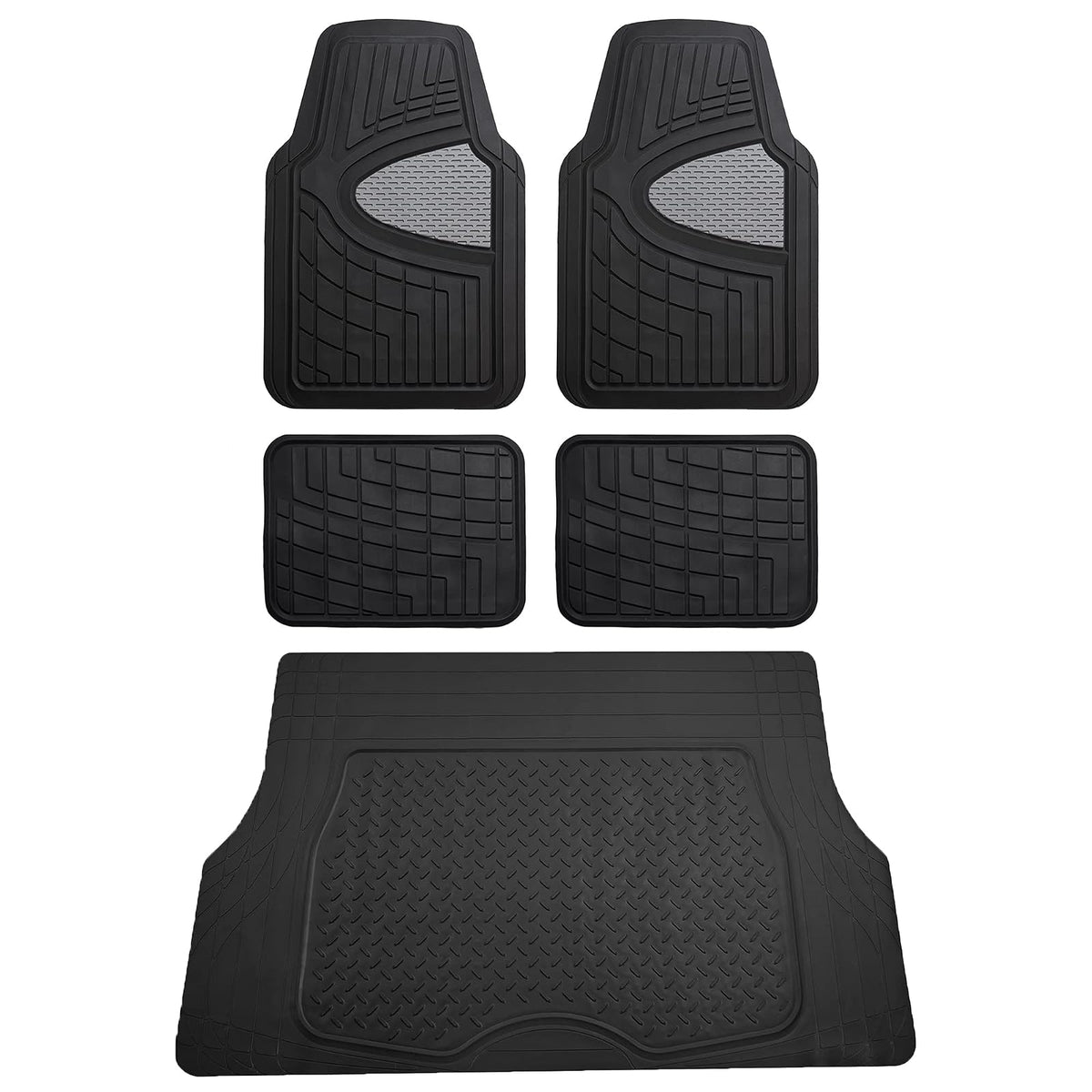 FH Group - Juego Completo de Alfombrillas de Goma para Todo Tipo de Clima (Gris) con Forro de Carga Recortable para Todas Las Estaciones (Negro) - Ajuste Universal para Automóviles, Camiones y SUV