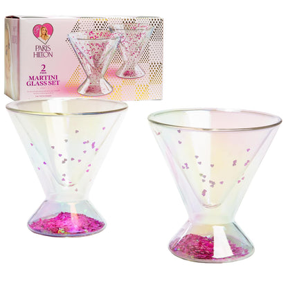 Paris Hilton - Juego de 2 piezas, diseño de vidrio de doble pared, para martinis, cócteles, cosmopolitanos, margaritas, 207 ml, 7 onzas, iridiscente con corazones de purpurina