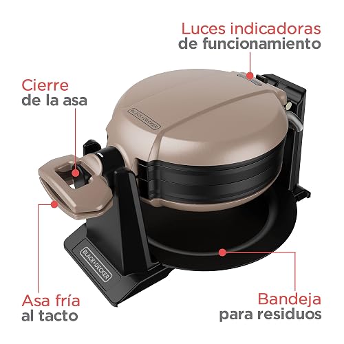 Black+Decker Waflera Giratoria con Placas Antiadherentes, WMD201 | Prepara 2 waffles a la vez, con ranuras profundas para una cocción uniforme