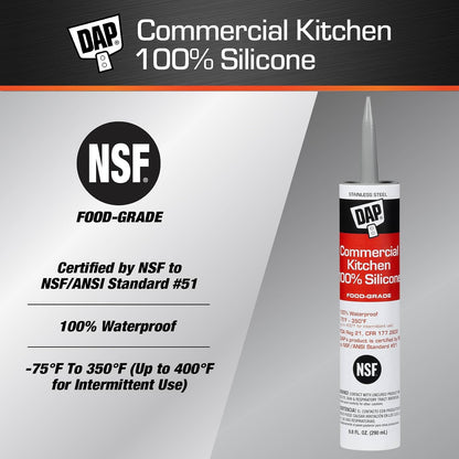 DAP INC 08660 DAP Commercial Kitchen 100% Silicone Sealant, 9.8-Ounce, Stainless Steel