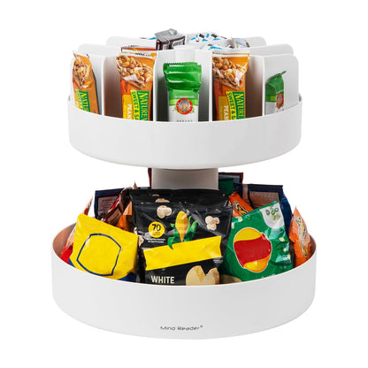 Mind Reader 2-Tier Snack Carousel, Countertop Organizer, Snack Tray, Breakroom, Kitchen, 14.25"L x 14.25"W x 14"H, White