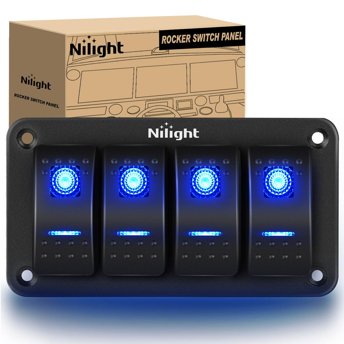 Nilight Panel de 4 Interruptores Basculantes de Aluminio 90109D, 5 Pines, Retroiluminado Azul - 4 Gang