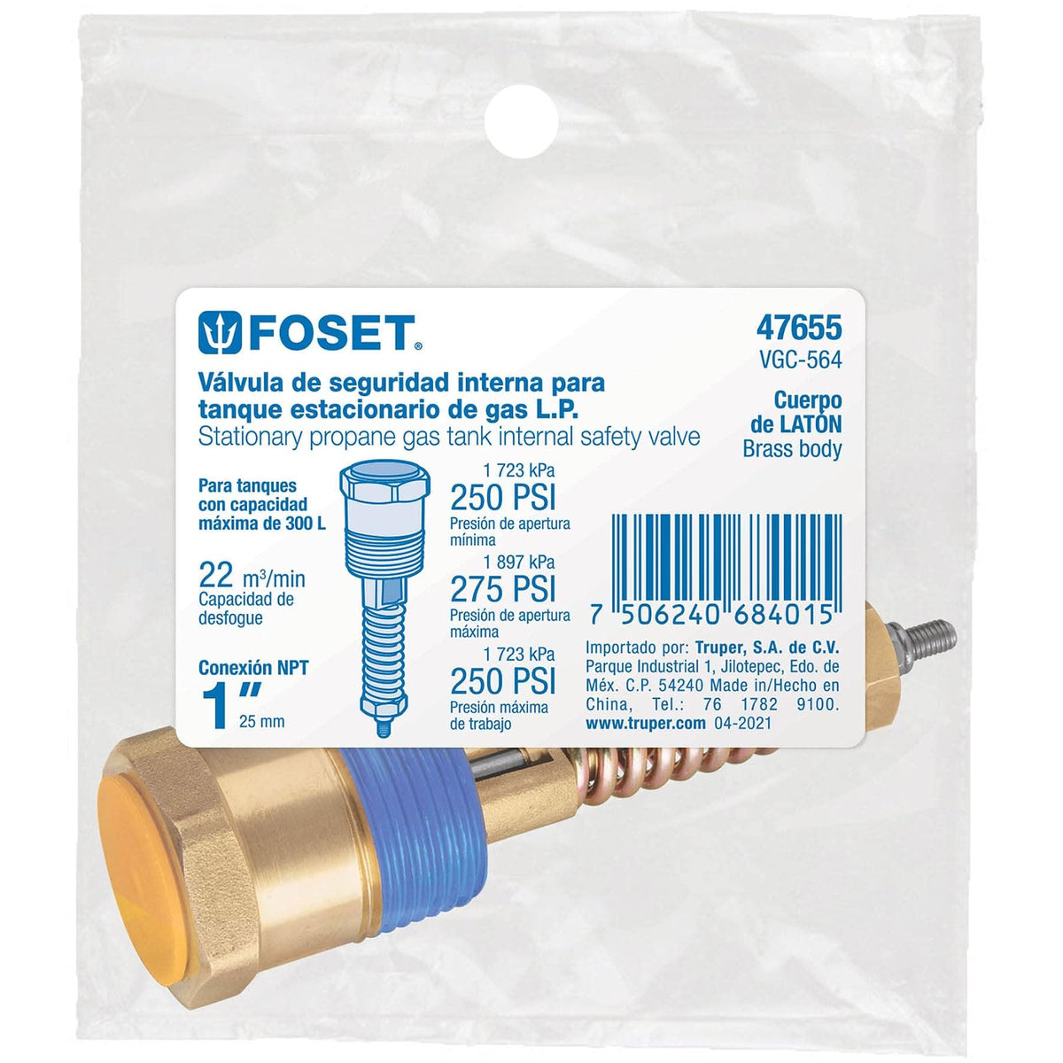 Foset VGC-564, Válvula interna de seguridad para tanque estacionario, 1"