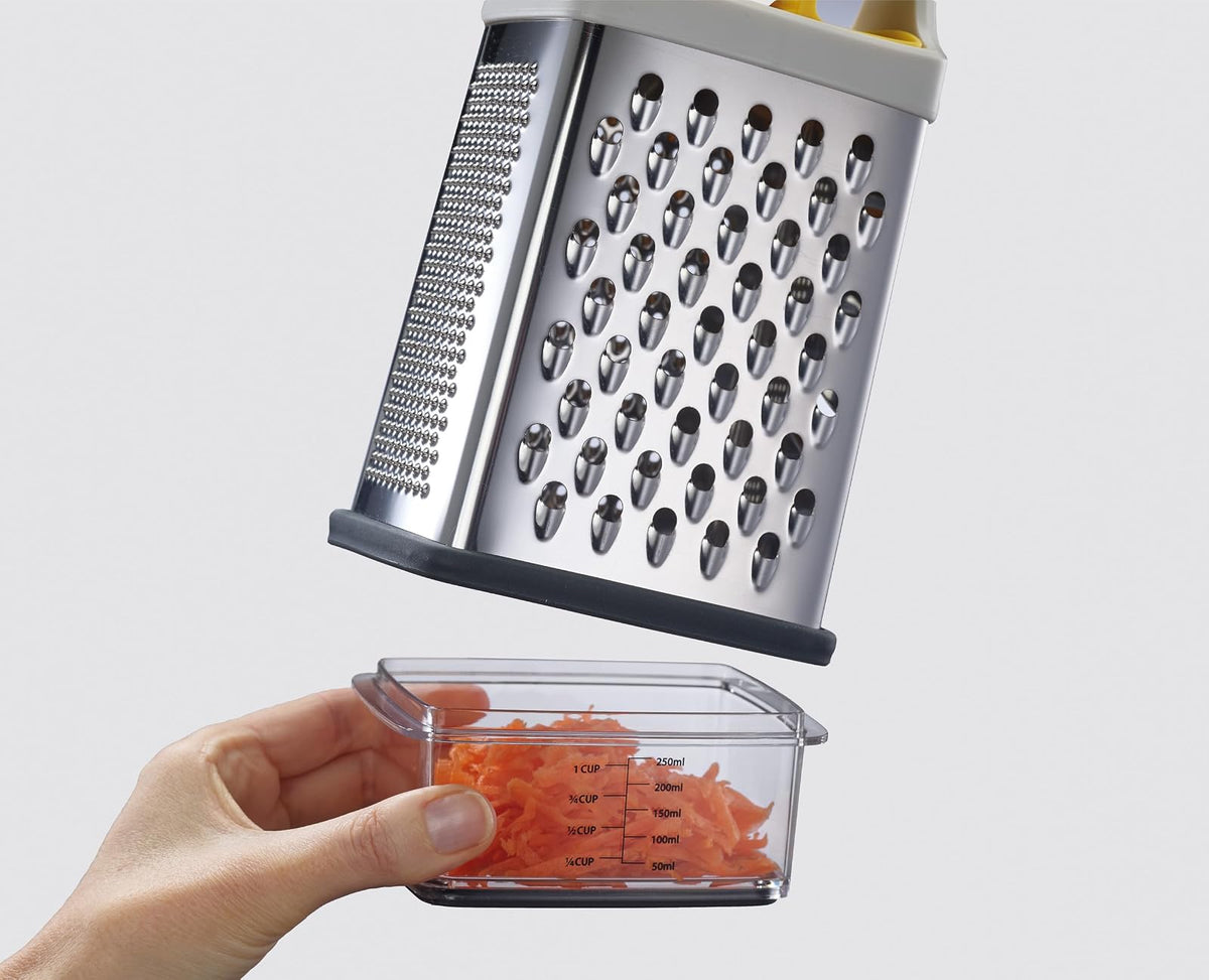 Joseph Joseph Rallador de caja de agarre múltiple con agarre de alimentos de precisión, cuchillas de acero inoxidable para rallar y rebanar, base antideslizante, apto para lavaplatos