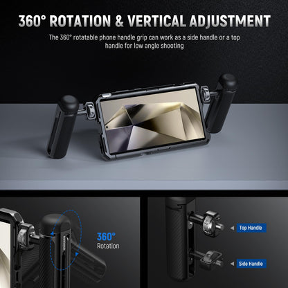 NEEWER 360° Giratorio Mango Lateral/Manija Superior con 1/4" Tornillo, Pin Antitorsión, Zapata Fría, Empuñadura Goma para iPhone 16 15 Pro MAX Samsung Galaxy S24 Ultra NEEWER Jaula Celular Rig, PA046