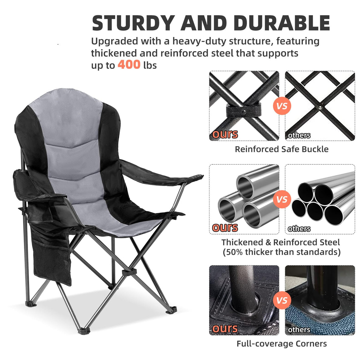Foristrail - Juego de 2 sillas Plegables para Acampar para Adultos, Respaldo Alto Acolchado para Exteriores con Soporte Lumbar y Soporte para Tazas, Juego de sillas de Camping portátiles Resistentes