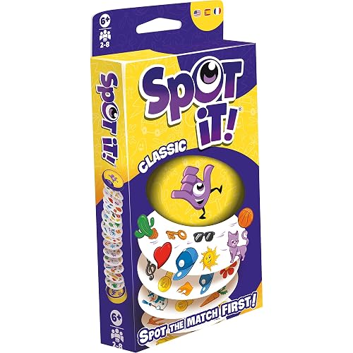 Asmodee Spot It! Juego de cartas clásico (actualización de 2024) - Edición Eco-Blister, juego de percepción visual 5 en 1 para reflejos rápidos y diversión familiar, edades de 6 años, 2 a 8 jugadores