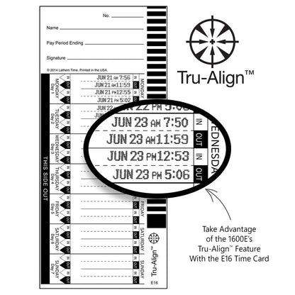 Lathem TruAlign E16 - Tarjetas de tiempo para 1600E, semanal, 1 cara, 4 x 9 pulgadas, blanco, caja de 100 (E16-100)