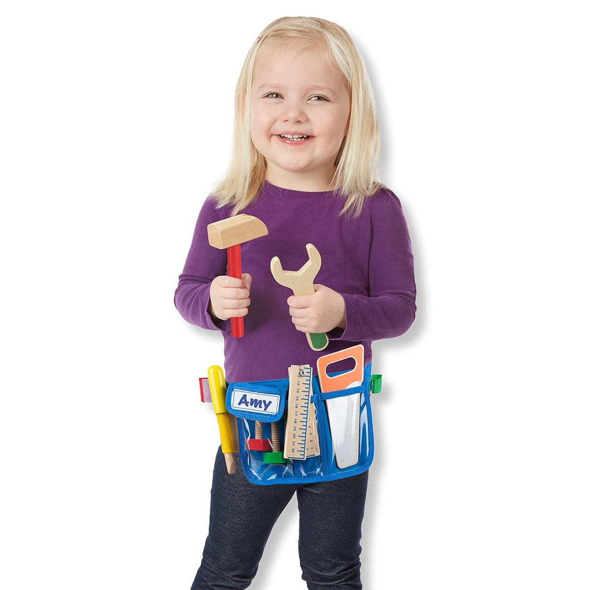 Melissa & Doug - Juego Deluxe de Cinturón para Herramientas, 5 Herramientas de Juguete de Madera, 8 Piezas de Construcción