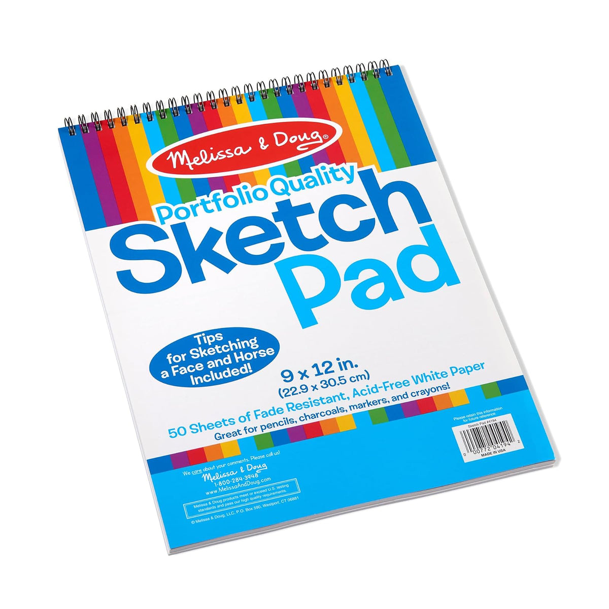 Melissa & Doug Sketch Pad 9” by 12”, Arts & Crafts, Fade-Resistant, Acid-Free White Paper, 50 Sheets, Single Pack, 13” H x 9” W x 0.5” L