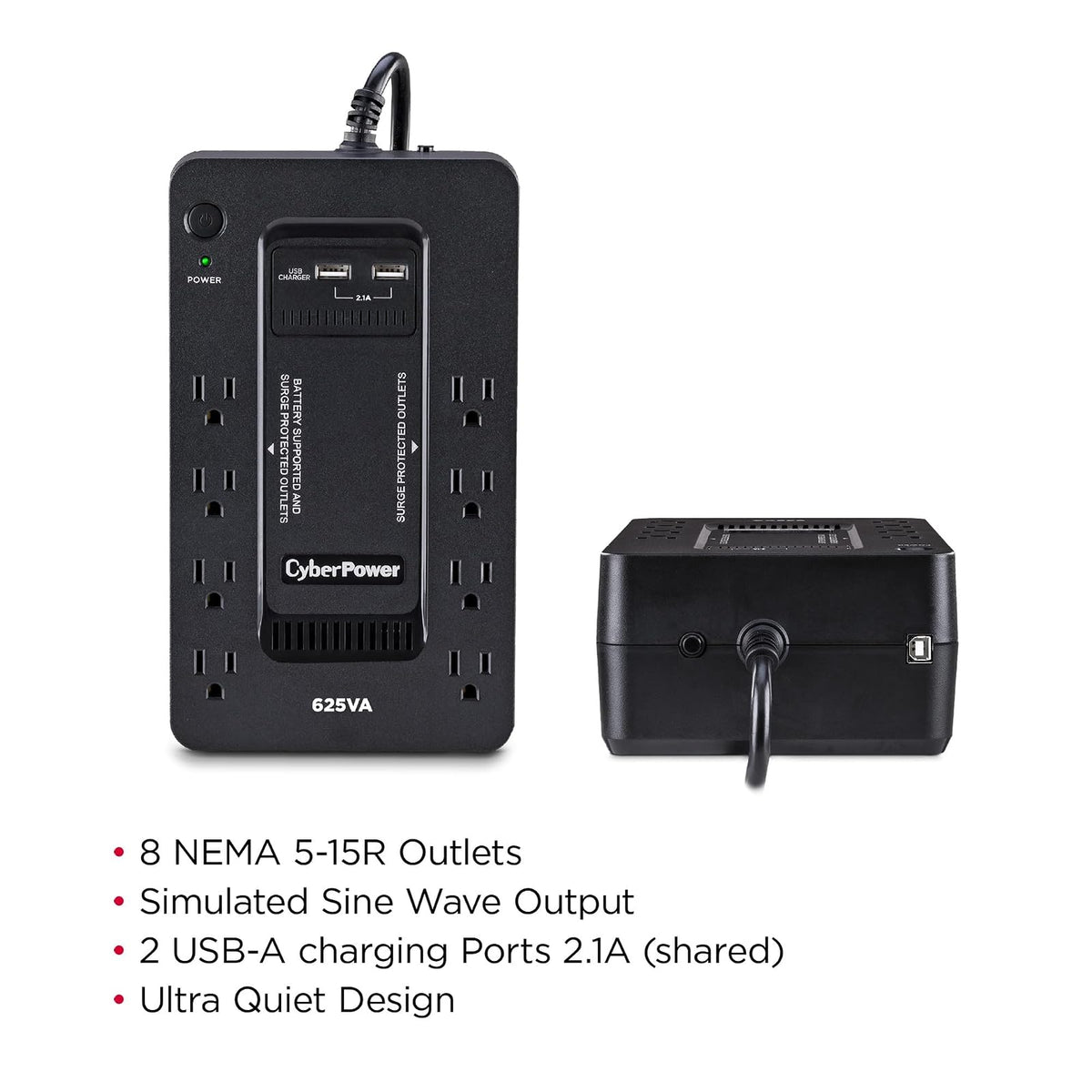 CyberPower ST625U Sistema UPS, 625VA/360W, 8 tomacorrientes, 2 Puertos de Carga USB, Compacto
