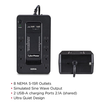 CyberPower ST625U Sistema UPS, 625VA/360W, 8 tomacorrientes, 2 Puertos de Carga USB, Compacto