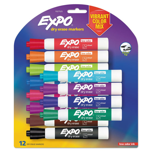 EXPO Marcadores de Borrado en Seco, Tinta de Bajo Olor, Colores Surtidos, Punta Cincel, Paquete de 12