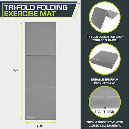 Prosource Fit Tri-Fold Folding Thick Exercise Mat 15x5 cm with Carrying Handles for MMA, Gymnastics Core Workouts, Grey