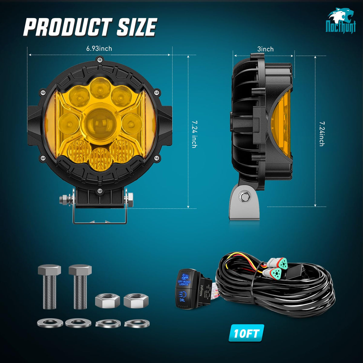 Nilight - Luces LED de conducción todoterreno de 7 pulgadas, haz alto y bajo, 2 unidades de 80 W, luz ámbar redonda, luz lateral, foco de inundación, luz antiniebla con conector DT de 16 AWG, kit de