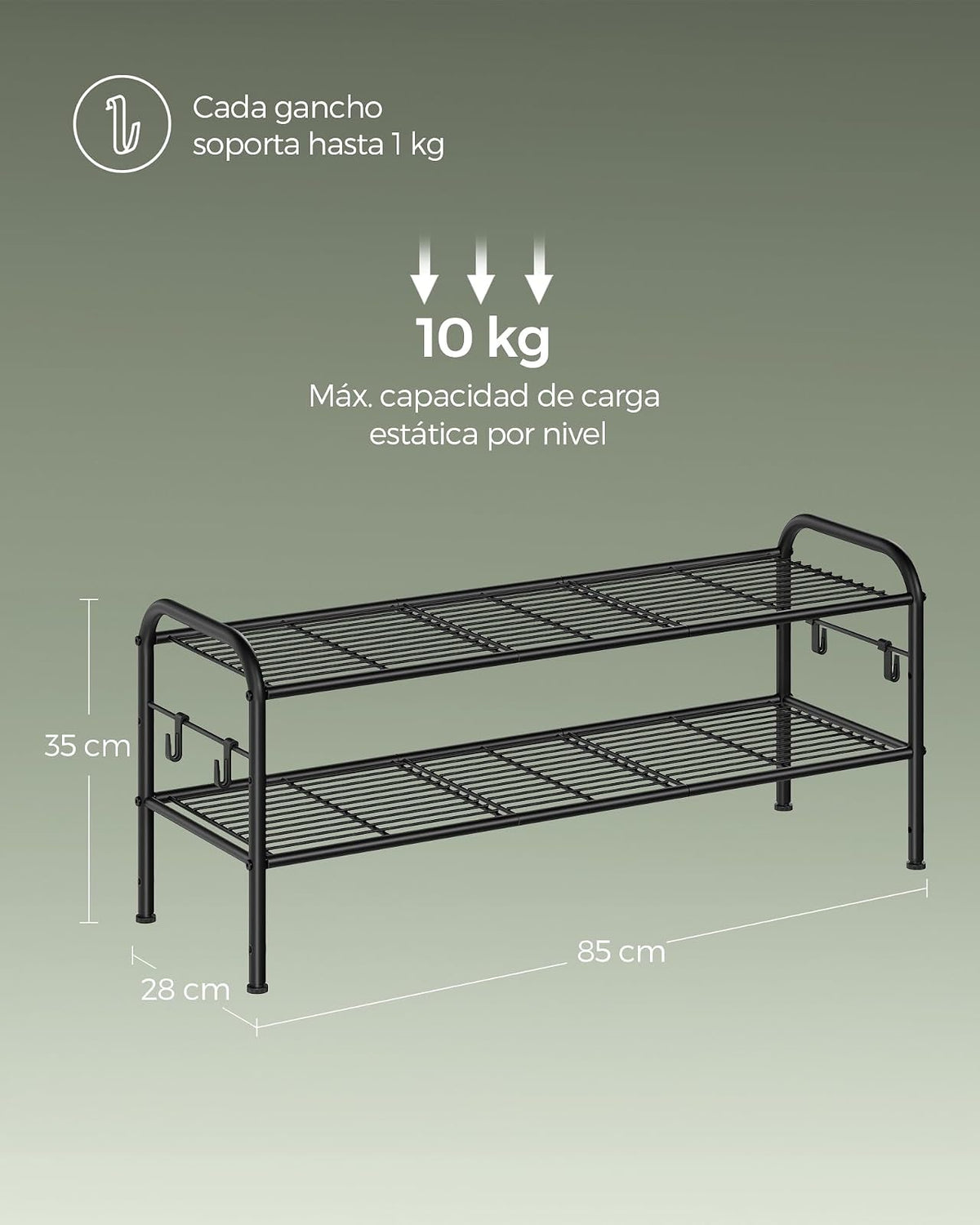 SONGMICS Zapatero, Organizador Zapatos de 2 Niveles, Estante Metálico, con 4 Ganchos, para 10 Pares, Altura Ajustable, Negro Tinta MLMR128B01