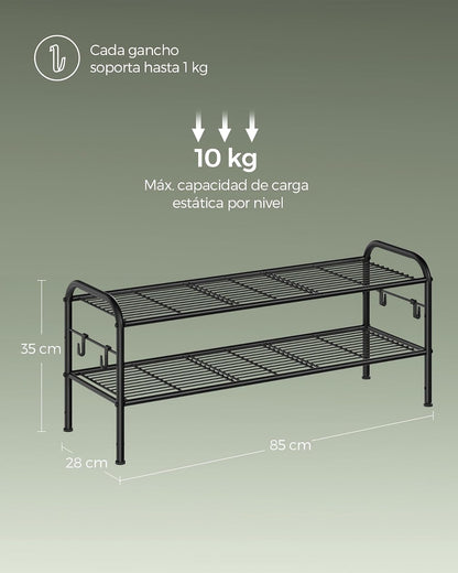SONGMICS Zapatero, Organizador Zapatos de 2 Niveles, Estante Metálico, con 4 Ganchos, para 10 Pares, Altura Ajustable, Negro Tinta MLMR128B01