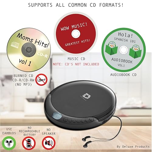 Deluxe Products Reproductor de CD portátil con 60 Segundos antisaltos, Auriculares estéreo, Incluye Cable Auxiliar y Cable de alimentación USB de CA para Uso en casa o en Automóvil