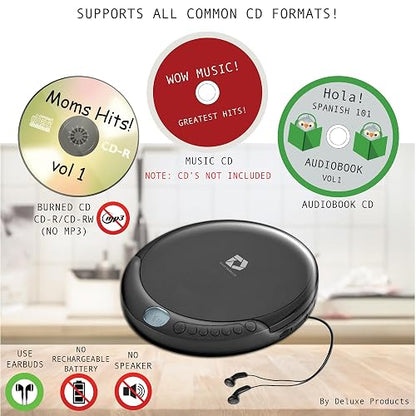 Deluxe Products Reproductor de CD portátil con 60 Segundos antisaltos, Auriculares estéreo, Incluye Cable Auxiliar y Cable de alimentación USB de CA para Uso en casa o en Automóvil