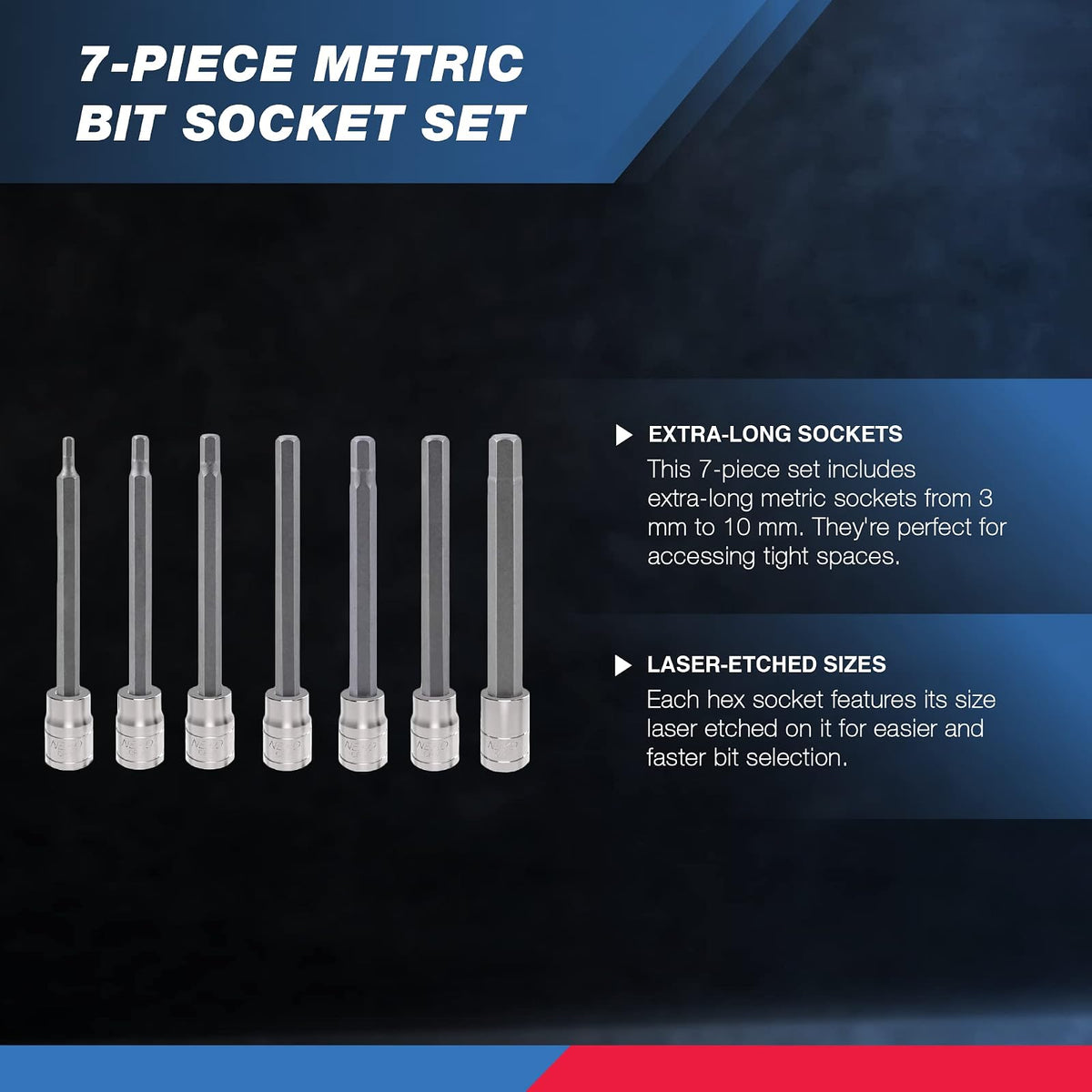 Neiko 10076A 3/8-Inch Extra Long Metric Hex Bit Socket Set | 7-Piece Set