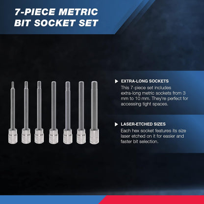 Neiko 10076A 3/8-Inch Extra Long Metric Hex Bit Socket Set | 7-Piece Set