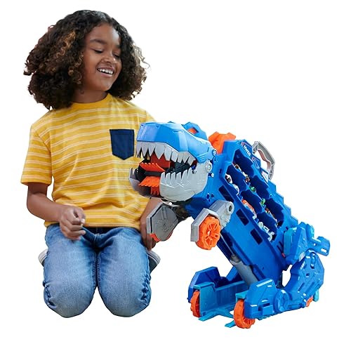 Hot Wheels Pista City Súper Remolque T-Rex con Luces y 2 Autos Incluidos para Niños de 4 Años
