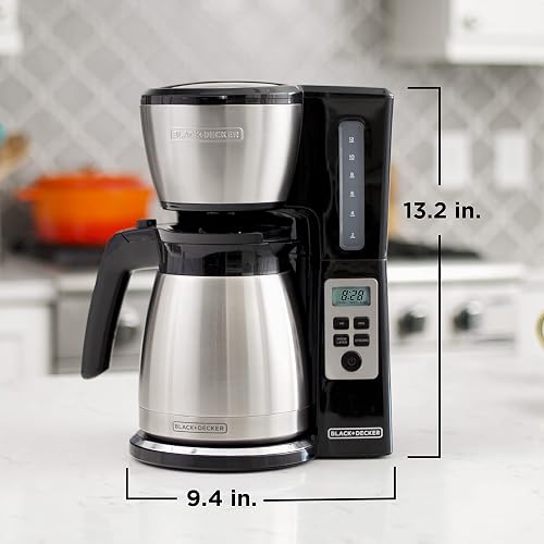 BLACK+DECKER - Cafetera térmica programable de 12 tazas con fuerza de infusión y tecnología VORTEX, color negro y acero