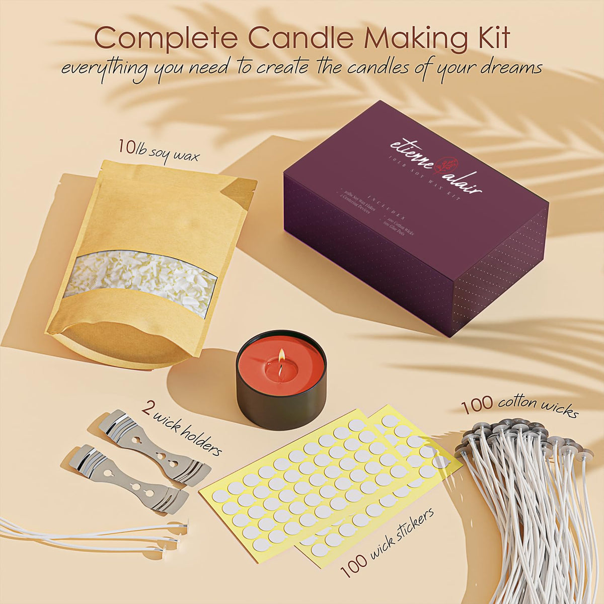 Etienne Alair Cera de Soja Para Velas 10 lbs | Cera de soja natural, copos de cera, incluye 100 mechas de algodón, 100 calcomanías de mecha, 2 dispositivos de centrado