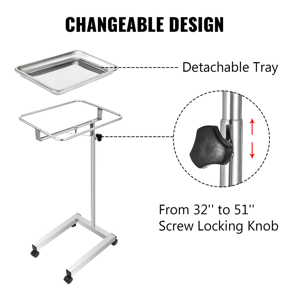 VEVOR Carro de laboratorio de acero inoxidable, carro médico móvil con bandeja extraíble de 45 x 35 cm y soporte para instrumentos médicos de altura ajustable, con 4 ruedas, para laboratorio y clínica