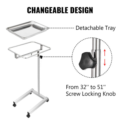 VEVOR Carro de laboratorio de acero inoxidable, carro médico móvil con bandeja extraíble de 45 x 35 cm y soporte para instrumentos médicos de altura ajustable, con 4 ruedas, para laboratorio y clínica