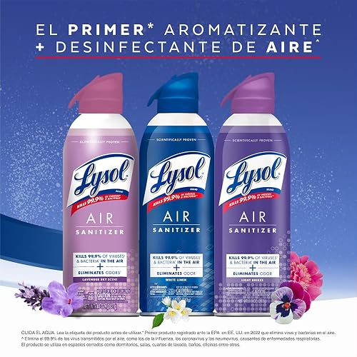 Lysol Air Sanitizer Spray Aromatizante y Desinfectante, Eliminador de malos olores para el hogar, baño y oficina. Alternativa de ambientador, 3 Pack Aromas ((White Linen, Lavender Sky, Light Breeze)